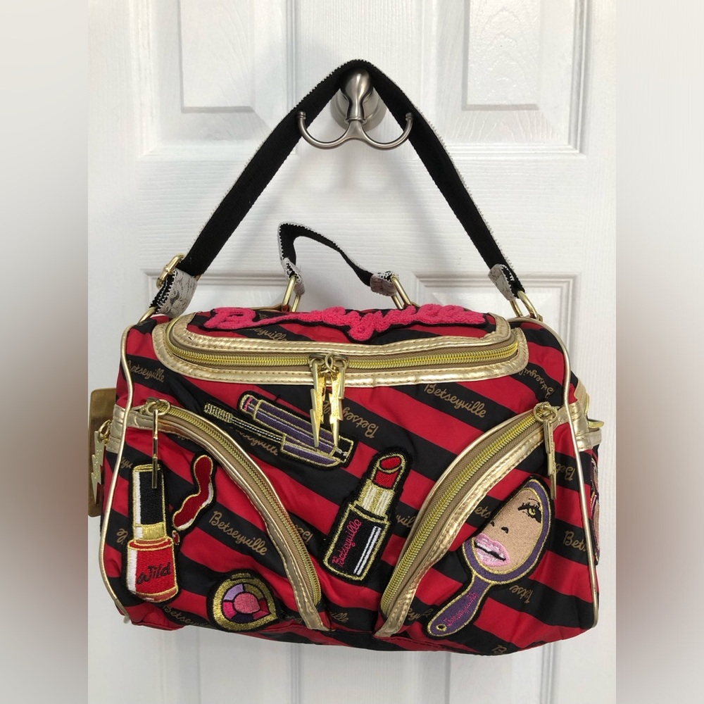 Betsey Johnson Red and Black Striped Cosmetic Tote with Gold Trim